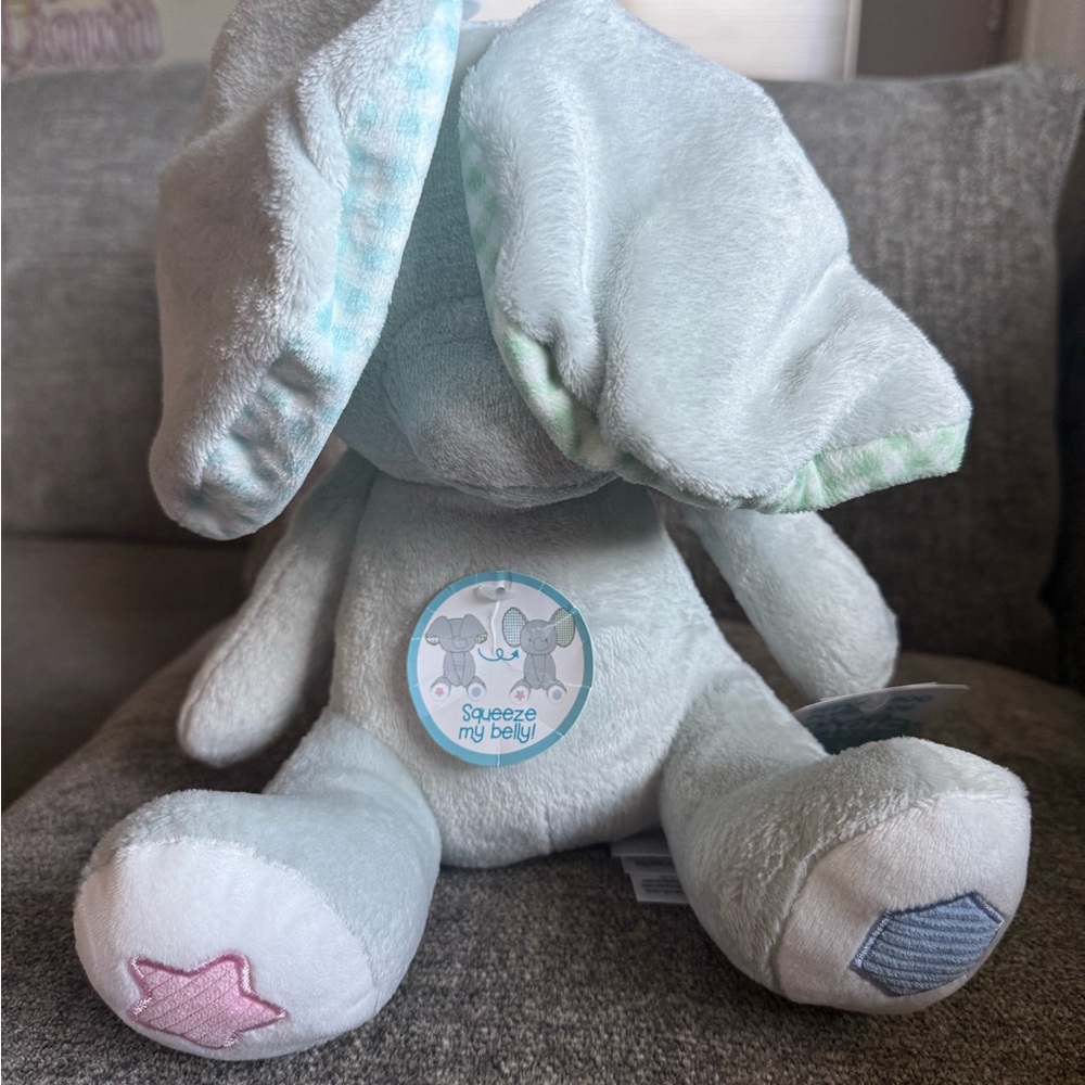 Plush grey Peek a Boo Elephant Toy with Star and Hexagon Patches